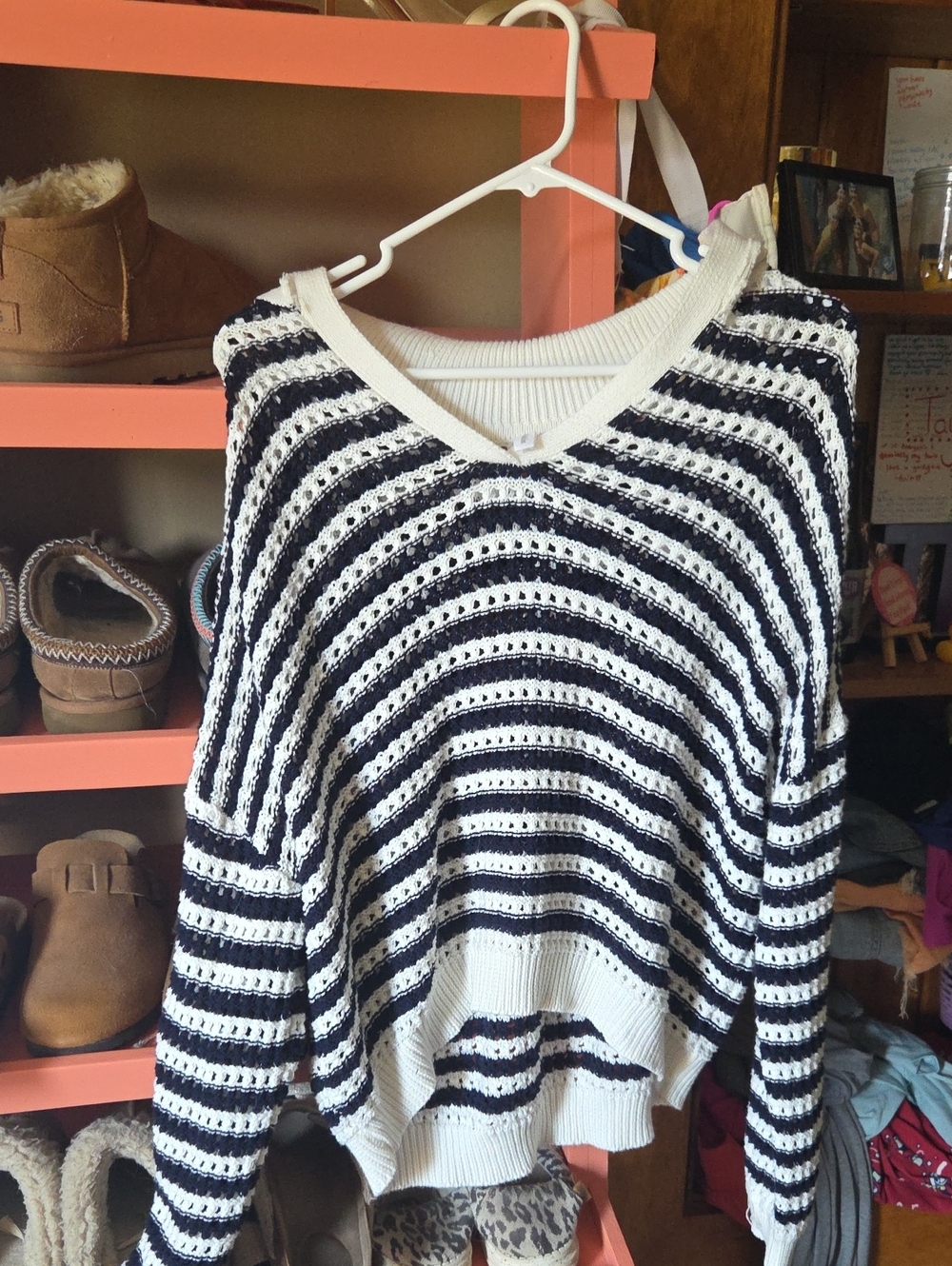 Wishlist Black and White Striped Open-Knit V-Neck Sweater